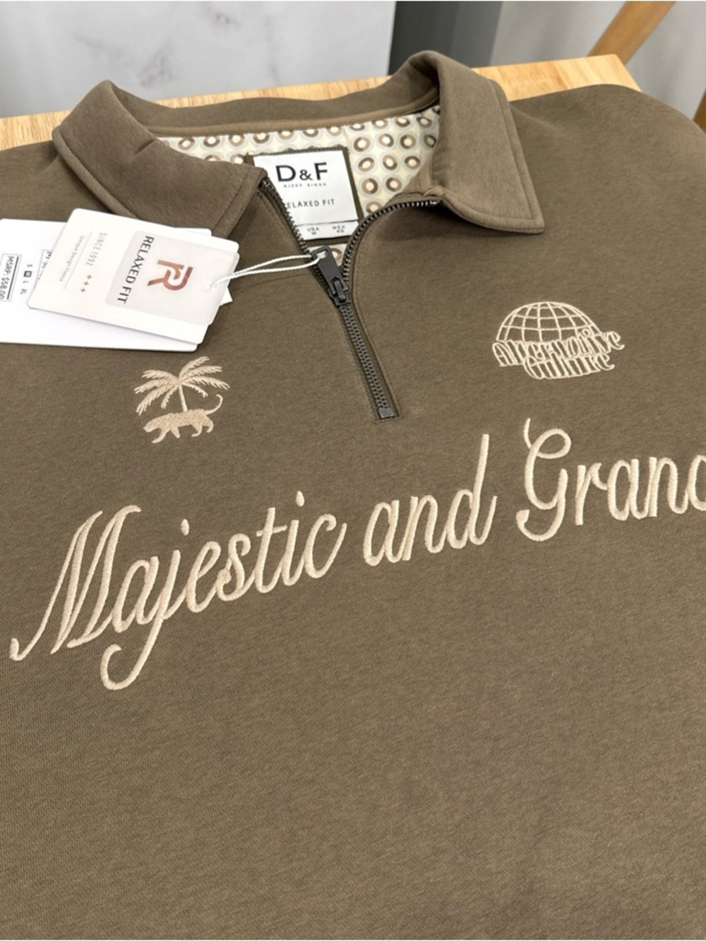 D & F Ricky Singh Mens M Olive Quarter Zip “Majestic & Grand” Sweatshirt NEW - Picture 6 of 11